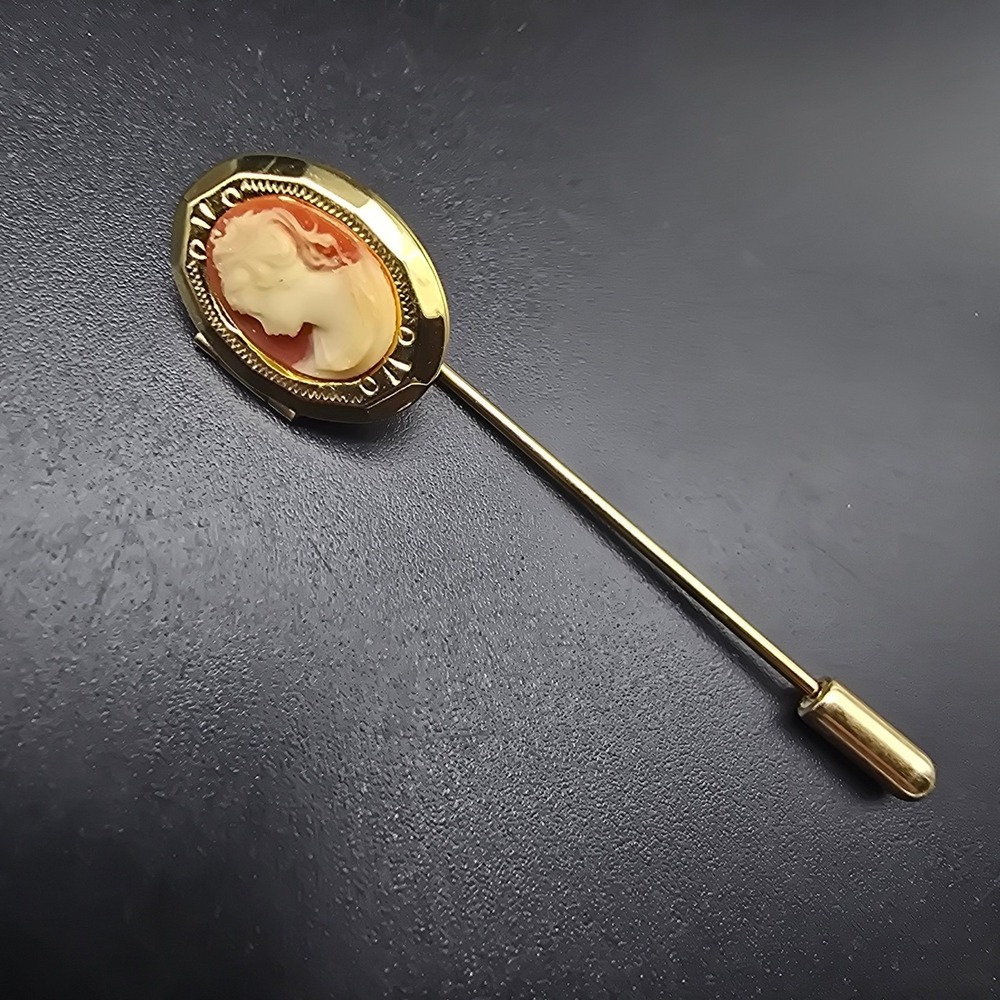 Cameo Locket Stick Pin Hat Pin Gold Tone Orange Vintage Costume Jewelry